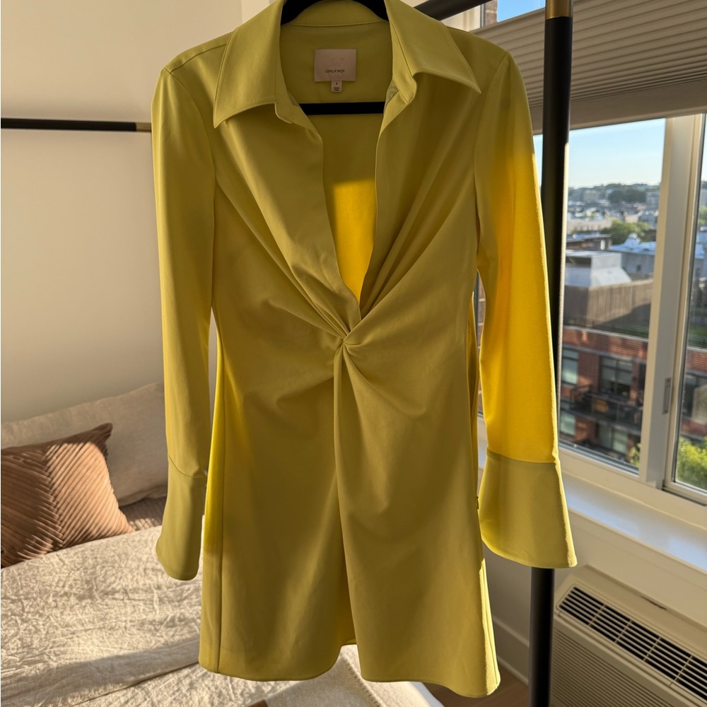 Cinq a Sept Yellow Front Twist Mini Shirt Dress